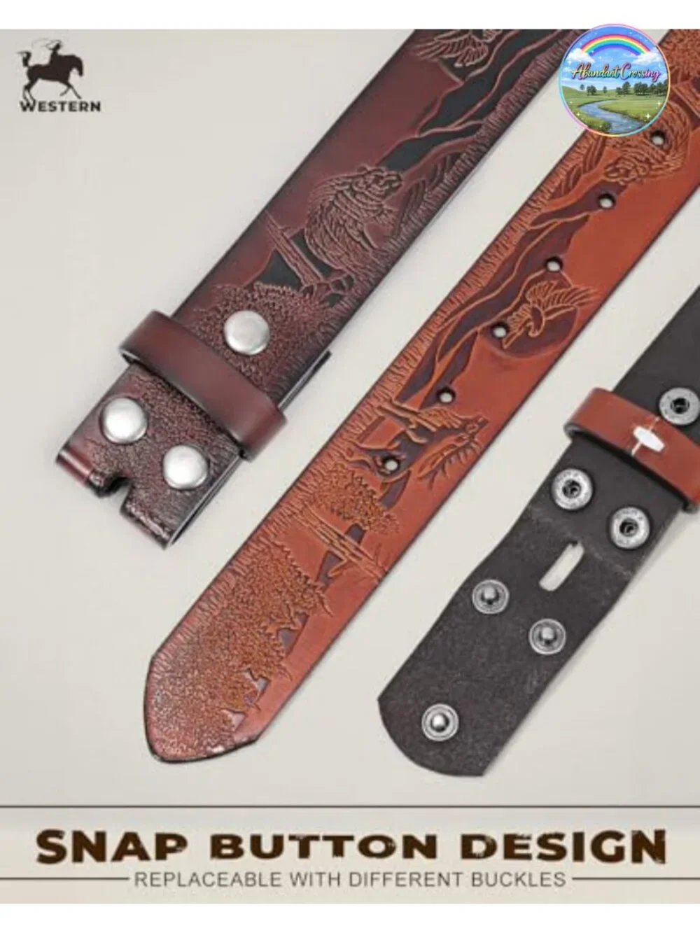 Western Leather Belt Strap Snap On Embossed Cowboy 2 Pcs Adjustable